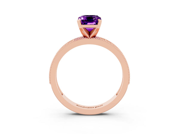 Rose gold Emerald Cut Amethyst Milgrain Pavé Engagement Ring with Four-Prong Setting