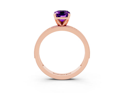Rose gold Emerald Cut Amethyst Milgrain Pavé Engagement Ring with Four-Prong Setting_15