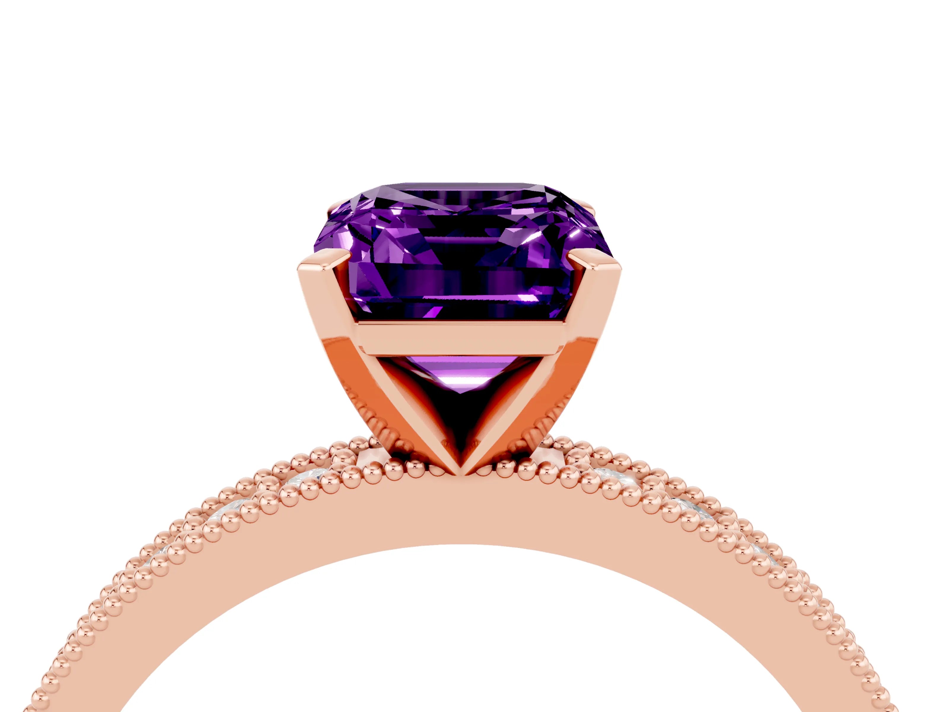 Rose gold Emerald Cut Amethyst Milgrain Pavé Engagement Ring with Four-Prong Setting_16