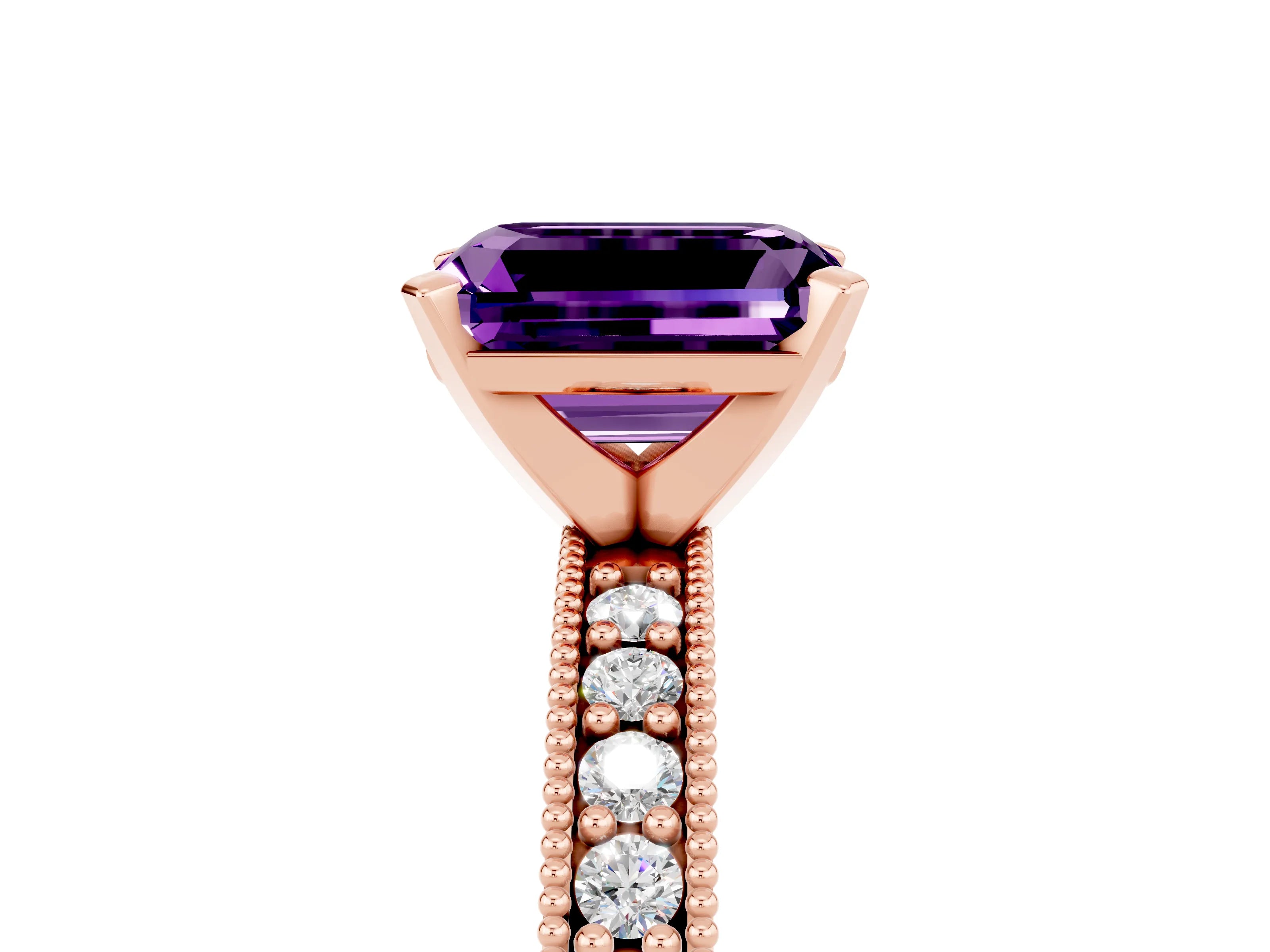 Rose gold Emerald Cut Amethyst Milgrain Pavé Engagement Ring with Four-Prong Setting_17