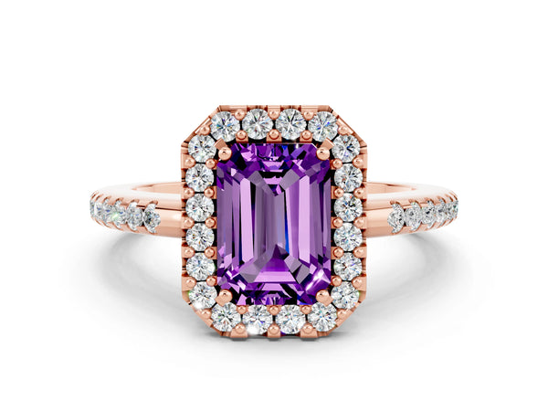 Rose gold Emerald Cut Amethyst Pavé Halo Ring with Four-Prong Setting