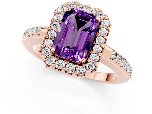 Rose gold Emerald Cut Amethyst Pavé Halo Ring with Four-Prong Setting