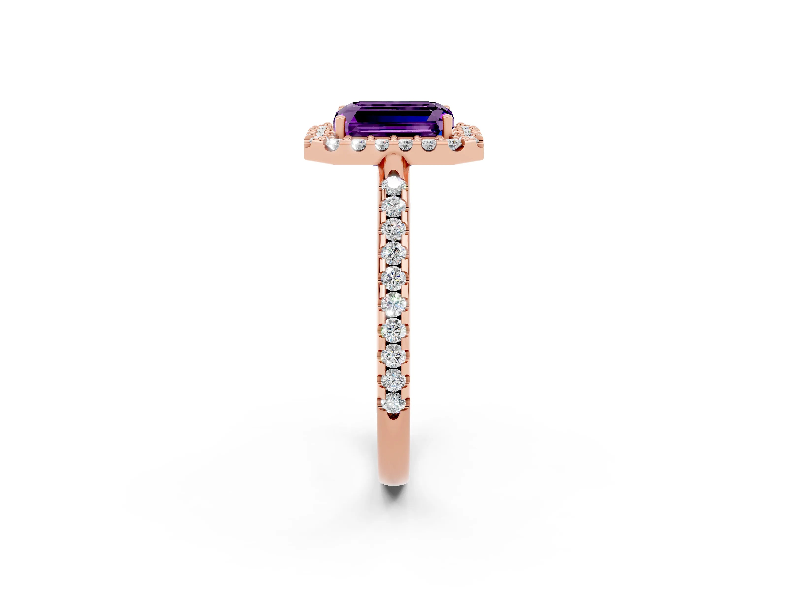 Rose gold Emerald Cut Amethyst Pavé Halo Ring with Four-Prong Setting_14