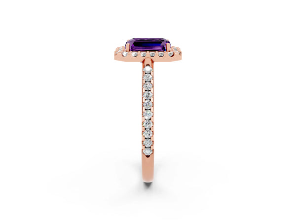 Rose gold Emerald Cut Amethyst Pavé Halo Ring with Four-Prong Setting