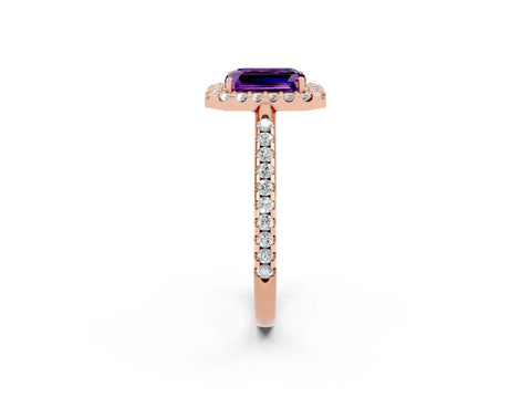 Rose gold Emerald Cut Amethyst Pavé Halo Ring with Four-Prong Setting_14