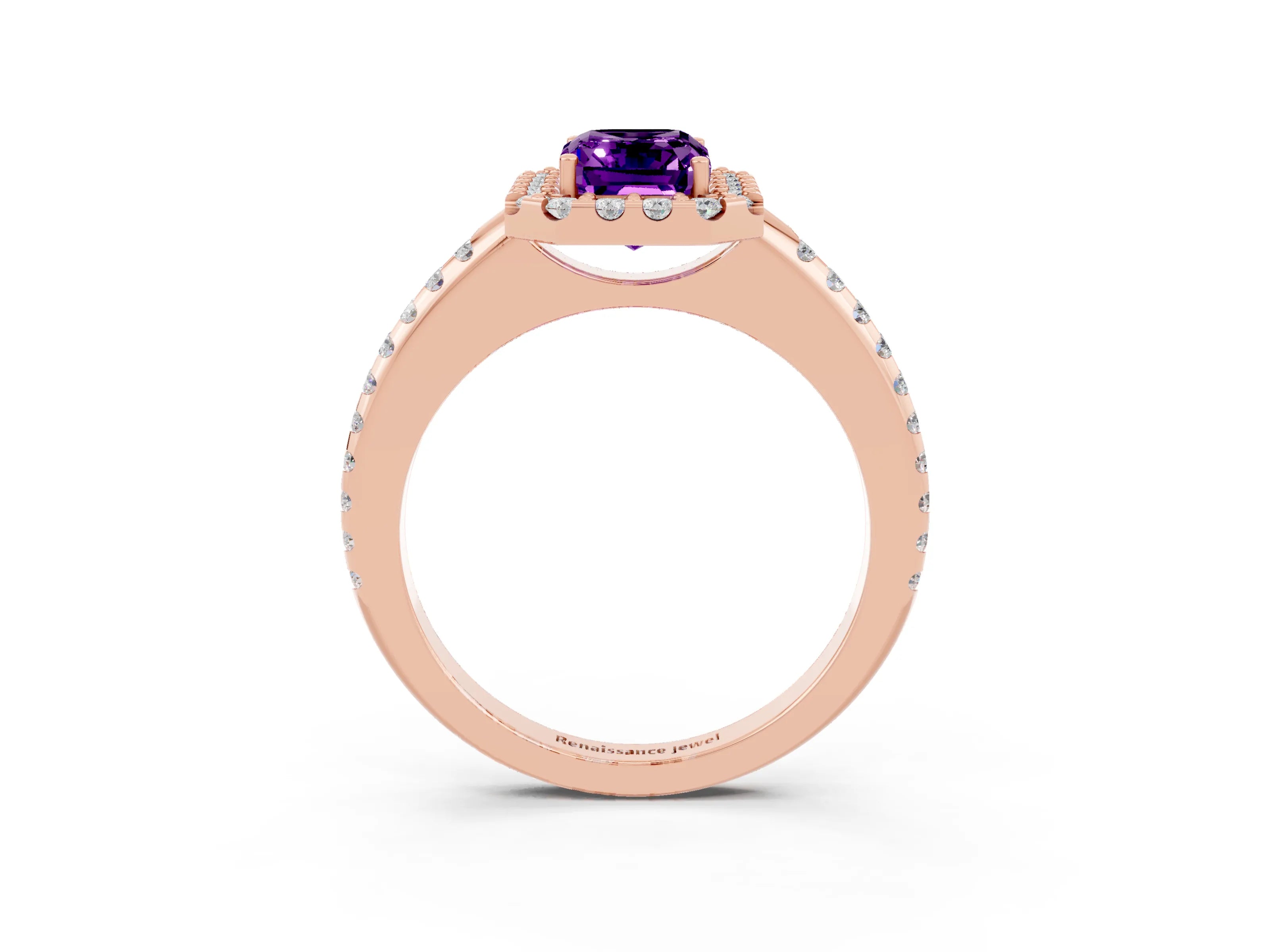 Rose gold Emerald Cut Amethyst Pavé Halo Ring with Four-Prong Setting_15