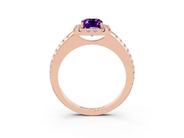 Rose gold Emerald Cut Amethyst Pavé Halo Ring with Four-Prong Setting