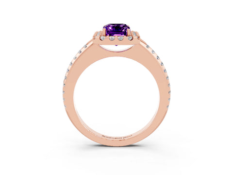 Rose gold Emerald Cut Amethyst Pavé Halo Ring with Four-Prong Setting_15