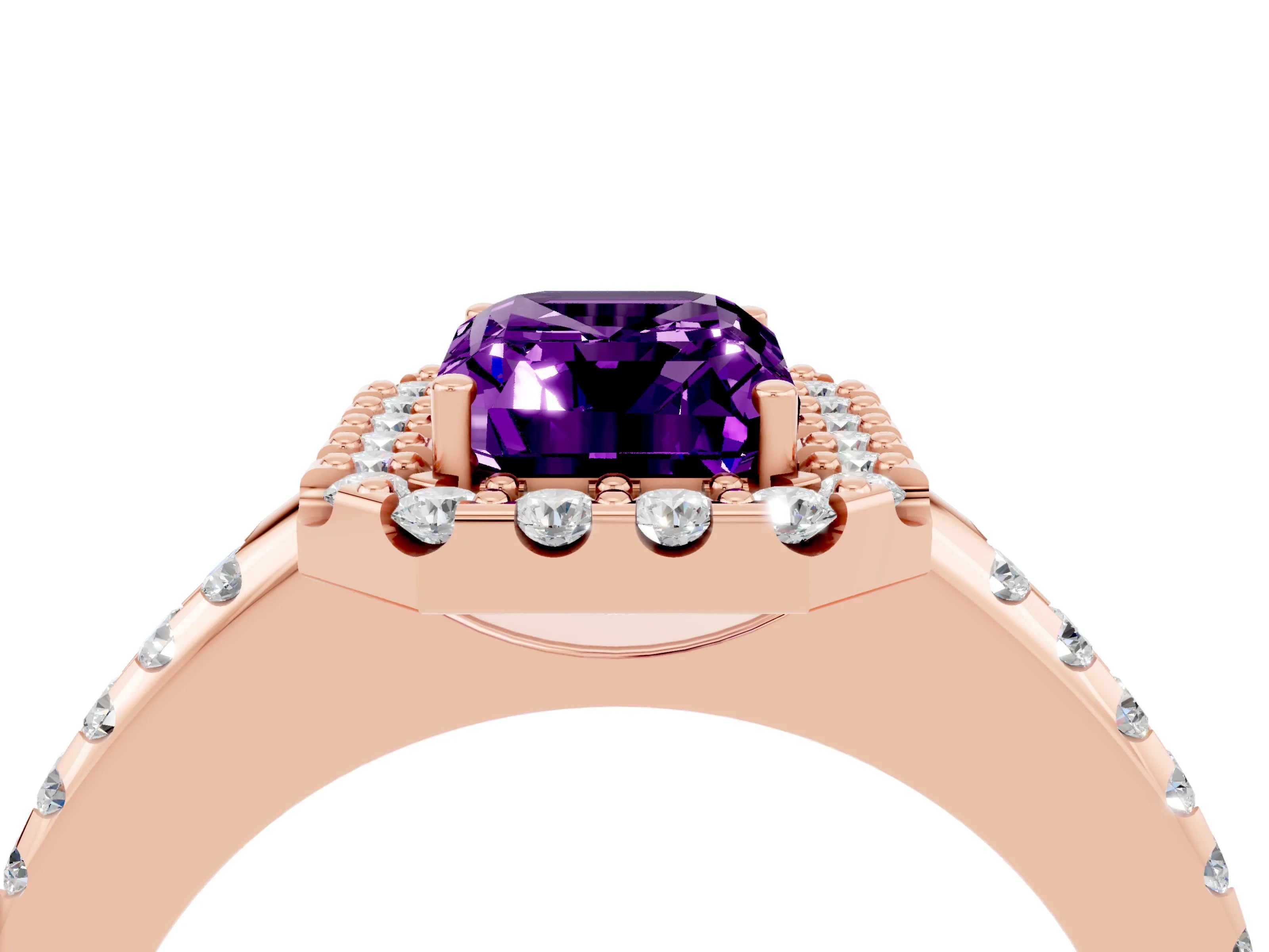 Rose gold Emerald Cut Amethyst Pavé Halo Ring with Four-Prong Setting_16