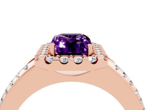 Rose gold Emerald Cut Amethyst Pavé Halo Ring with Four-Prong Setting_16