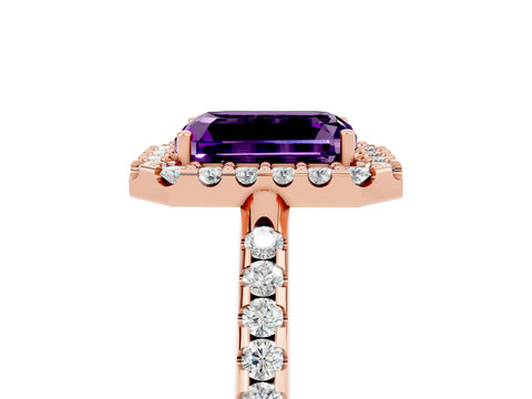 Rose gold Emerald Cut Amethyst Pavé Halo Ring with Four-Prong Setting_17