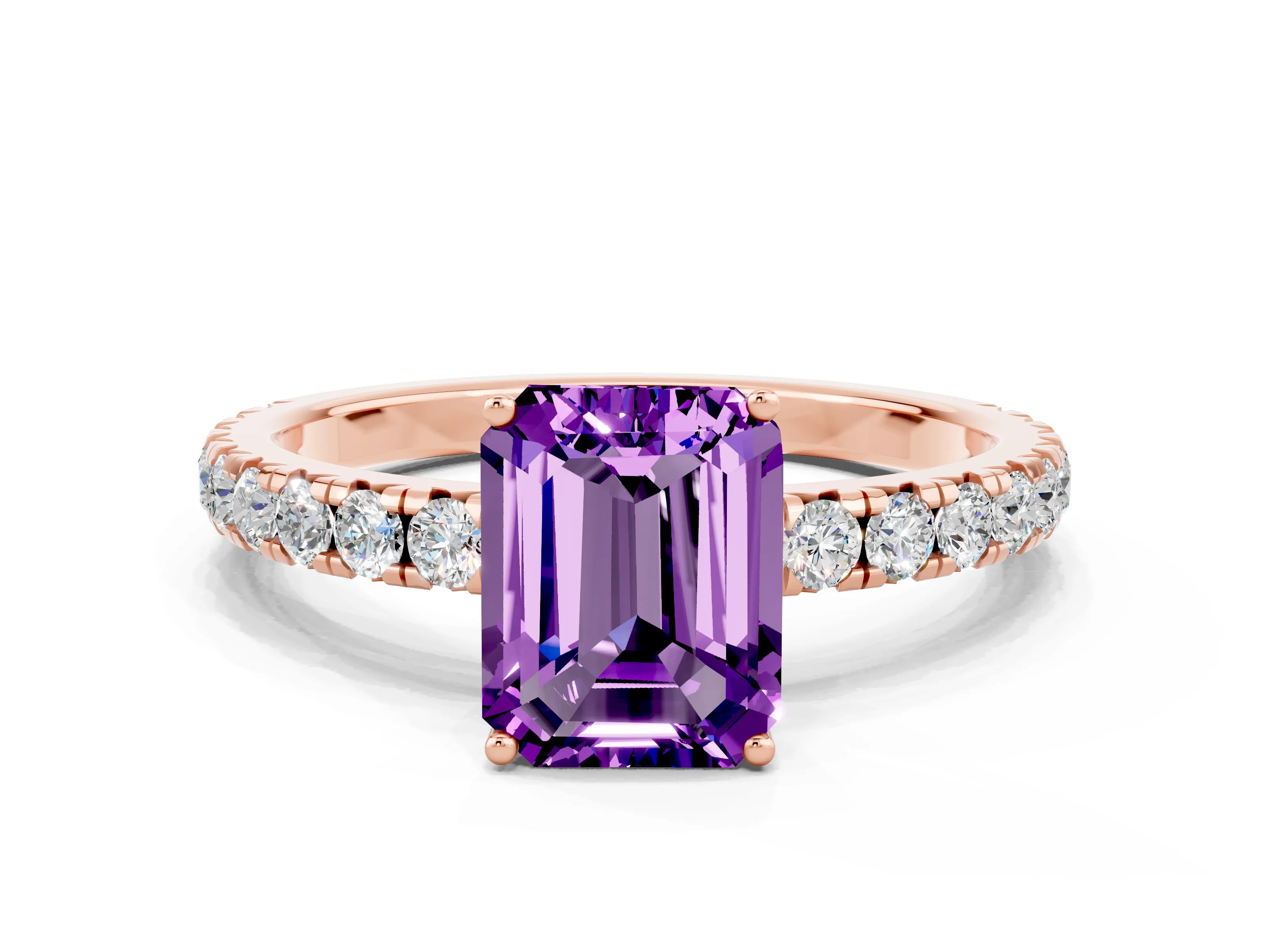 Rose gold Emerald Cut Amethyst Pavé Solitaire Engagement Ring with Four-Prong Setting_12