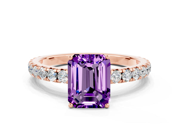 Rose gold Emerald Cut Amethyst Pavé Solitaire Engagement Ring with Four-Prong Setting