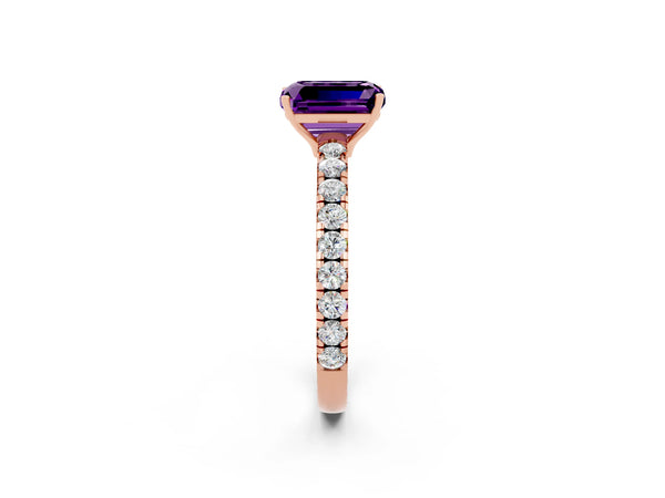 Rose gold Emerald Cut Amethyst Pavé Solitaire Engagement Ring with Four-Prong Setting