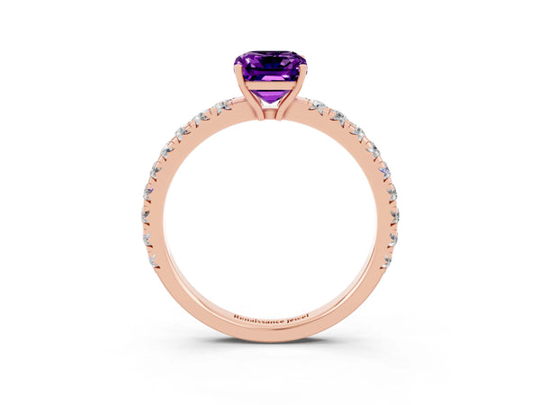 Rose gold Emerald Cut Amethyst Pavé Solitaire Engagement Ring with Four-Prong Setting