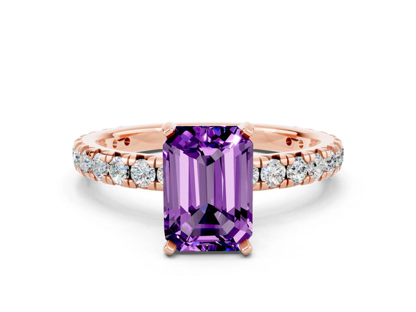 Rose gold Emerald Cut Amethyst Pavé Solitaire Ring with Round Band and Prong Setting