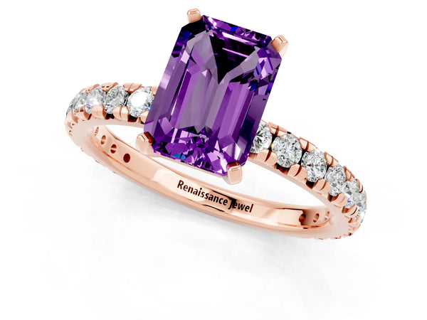 Rose gold Emerald Cut Amethyst Pavé Solitaire Ring with Round Band and Prong Setting