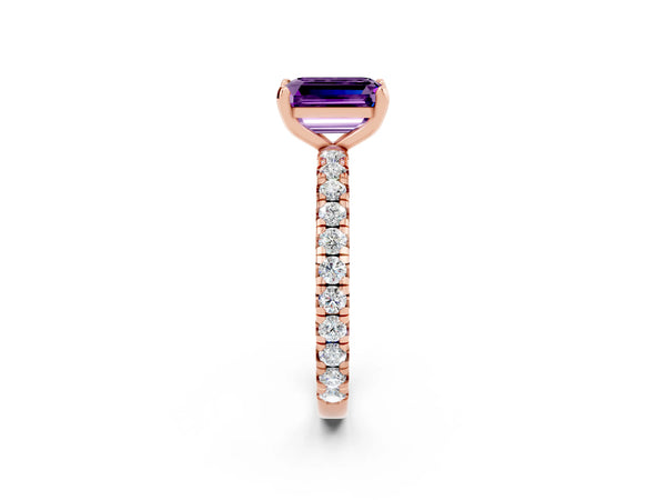 Rose gold Emerald Cut Amethyst Pavé Solitaire Ring with Round Band and Prong Setting
