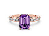 Rose gold Emerald Cut Amethyst Pavé Solitaire Ring with Round Band and Prong Setting_24