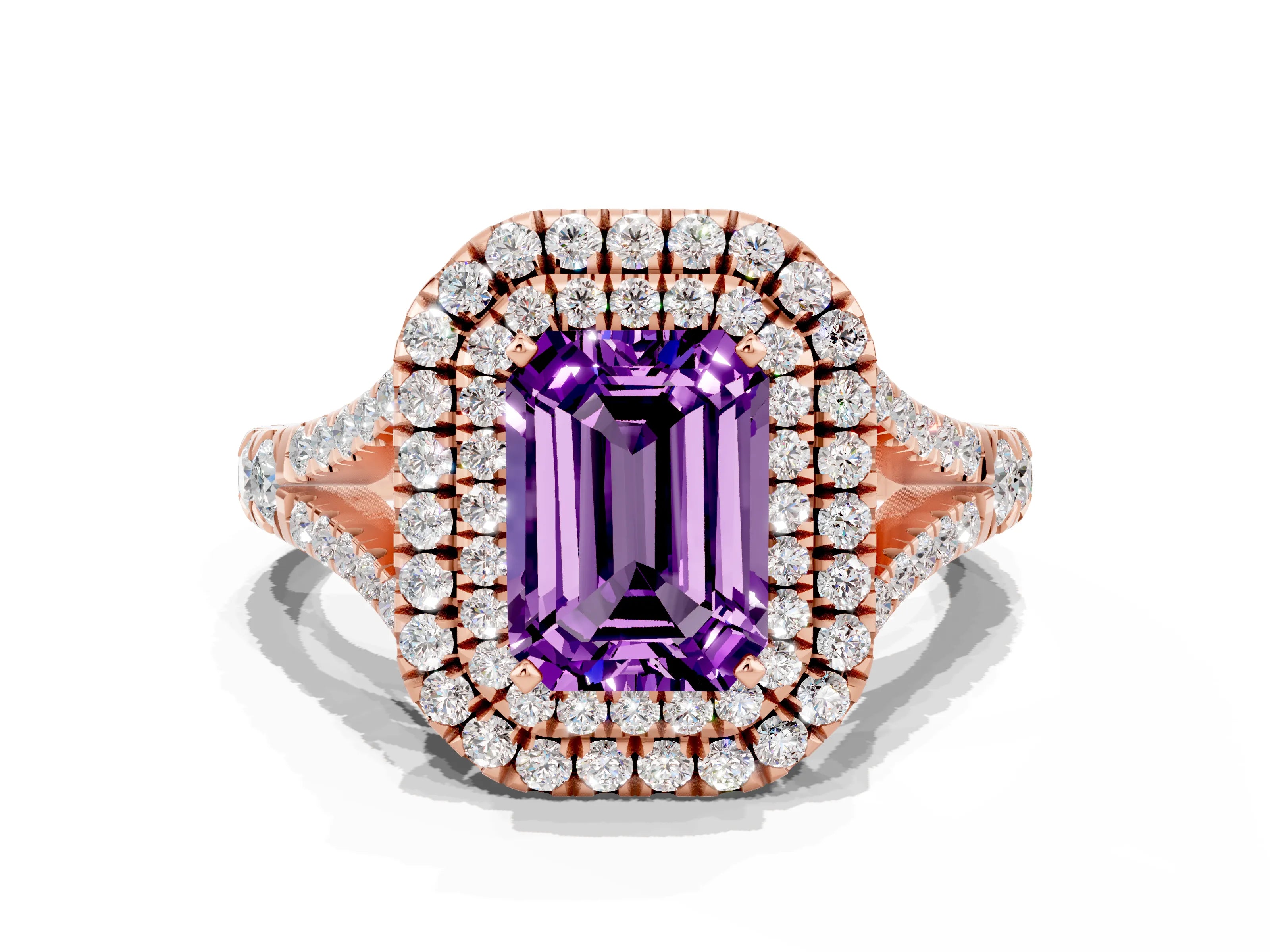 Rose gold Emerald Cut Amethyst Pavé Split Shank Double Halo Engagement Ring