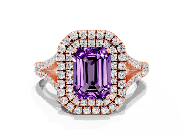 Rose gold Emerald Cut Amethyst Pavé Split Shank Double Halo Engagement Ring