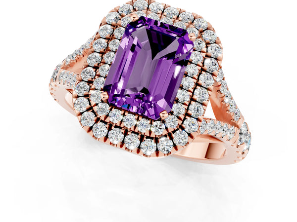 Rose gold Emerald Cut Amethyst Pavé Split Shank Double Halo Engagement Ring