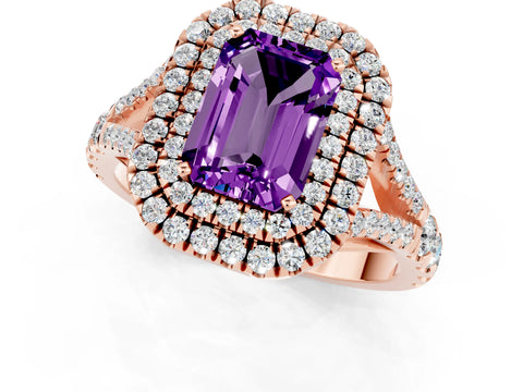 Rose gold Emerald Cut Amethyst Pavé Split Shank Double Halo Engagement Ring_1