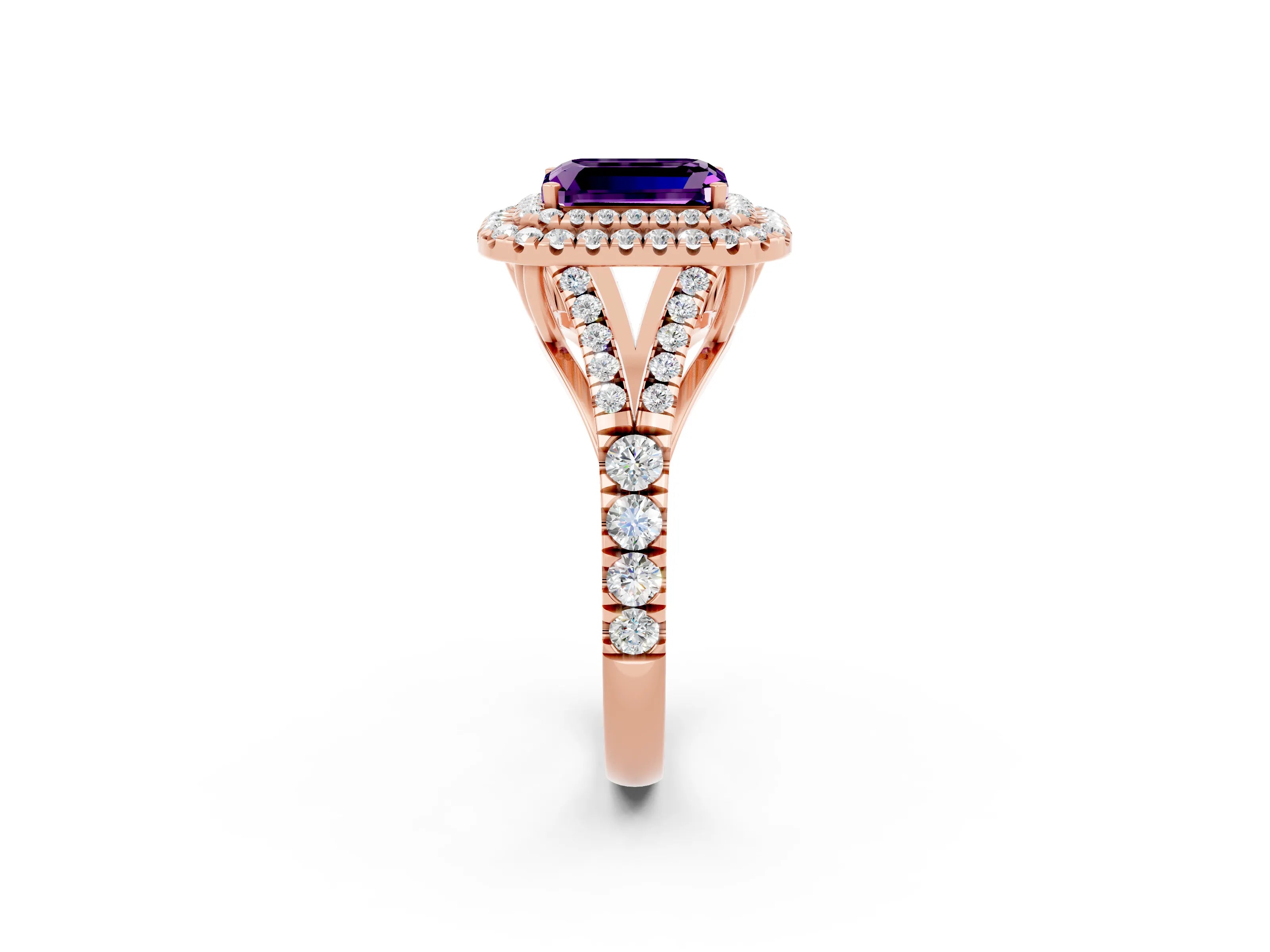 Rose gold Emerald Cut Amethyst Pavé Split Shank Double Halo Engagement Ring_2