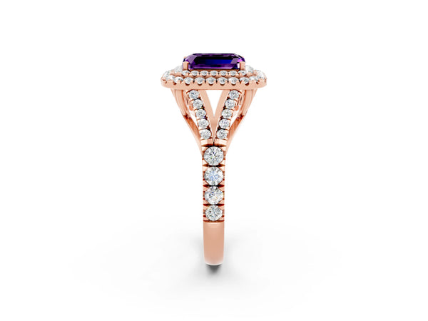 Rose gold Emerald Cut Amethyst Pavé Split Shank Double Halo Engagement Ring