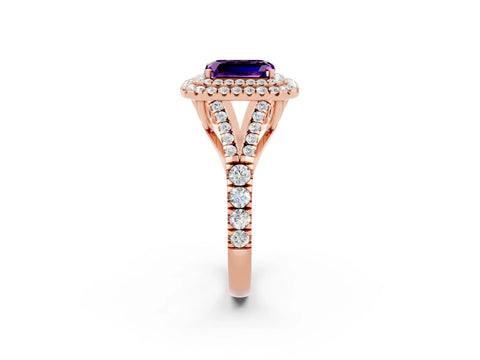 Rose gold Emerald Cut Amethyst Pavé Split Shank Double Halo Engagement Ring_2