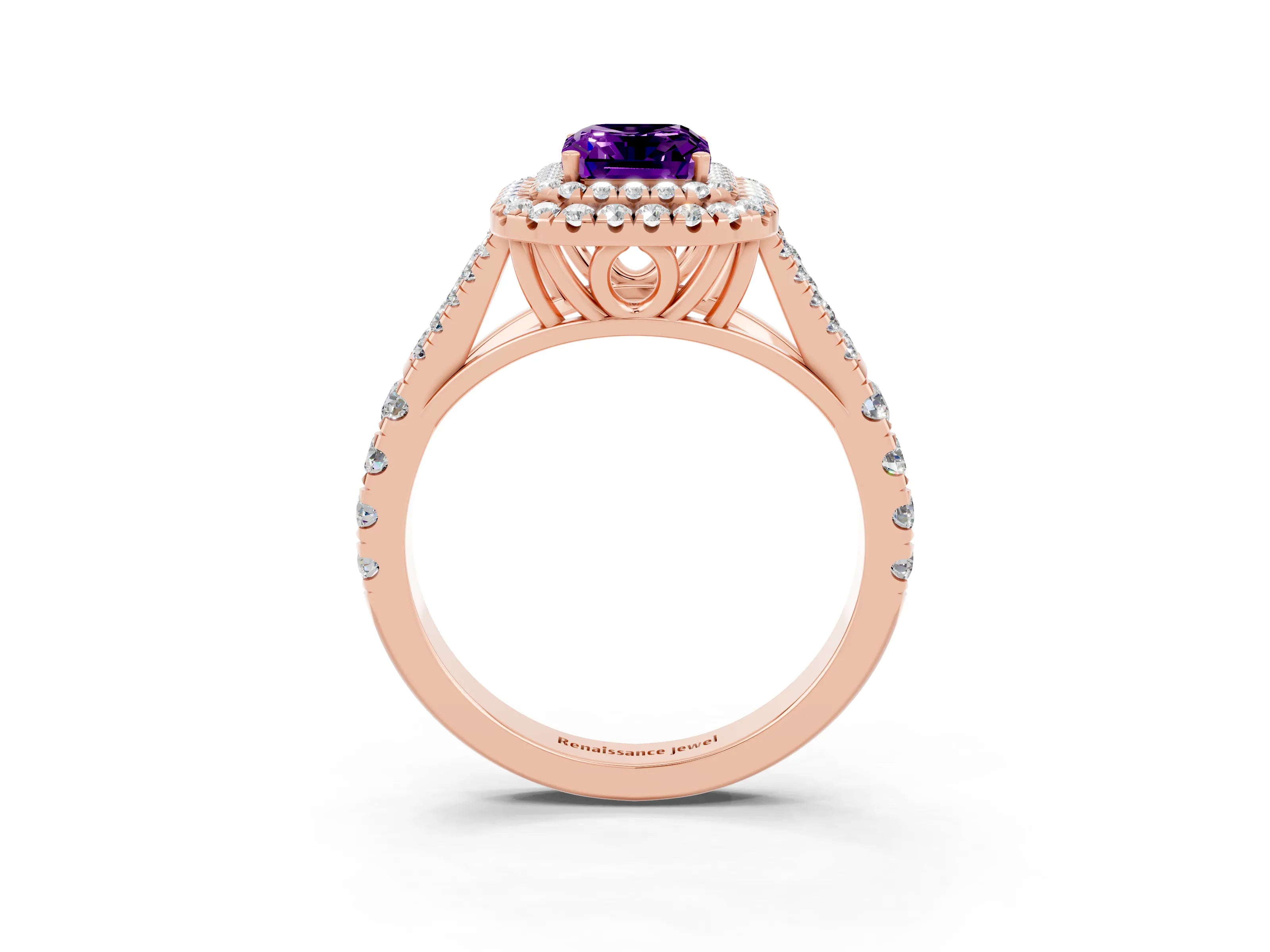 Rose gold Emerald Cut Amethyst Pavé Split Shank Double Halo Engagement Ring_3