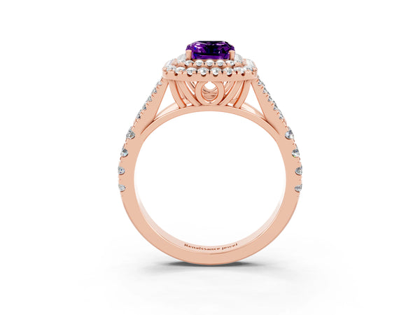 Rose gold Emerald Cut Amethyst Pavé Split Shank Double Halo Engagement Ring