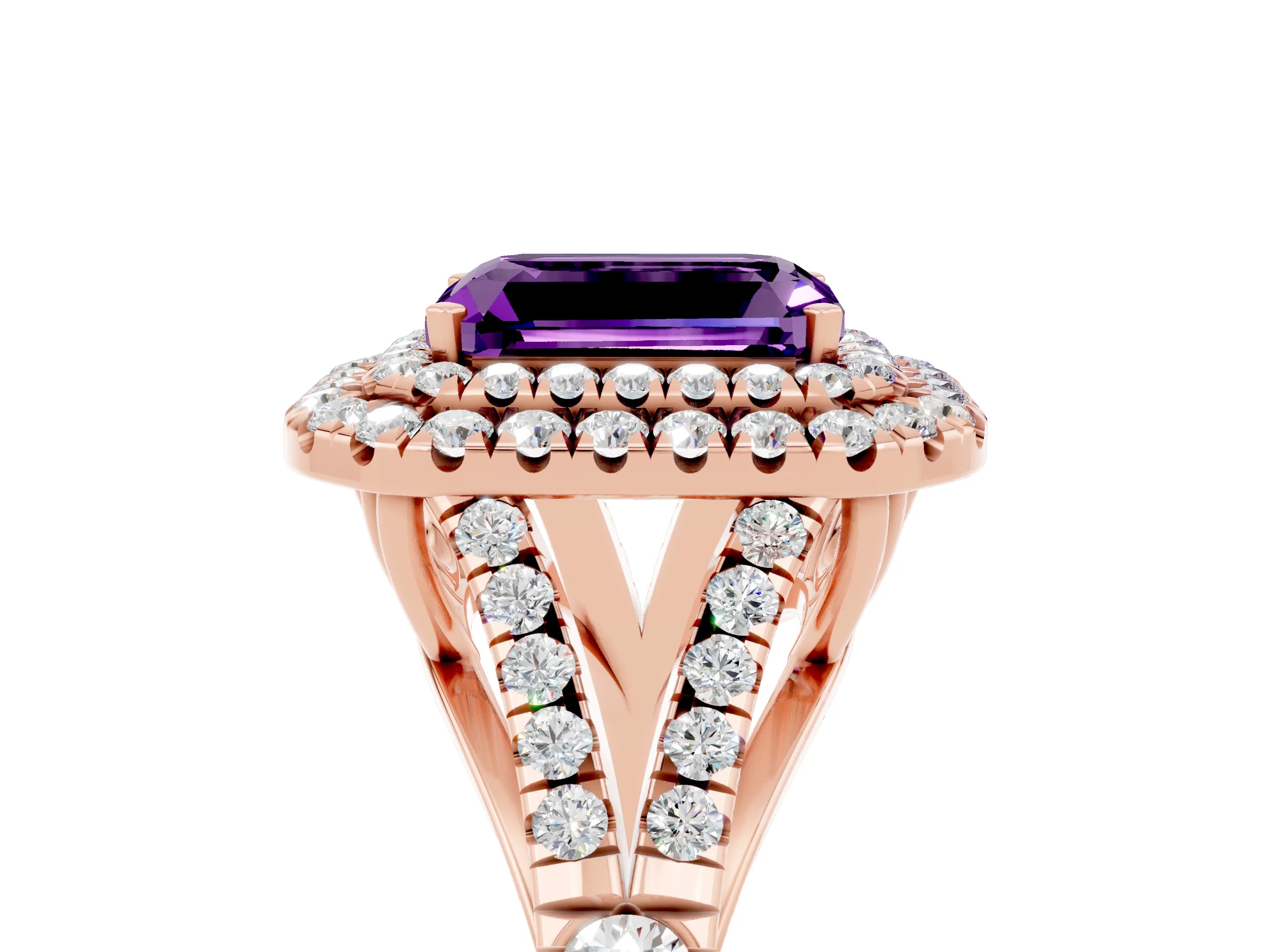 Rose gold Emerald Cut Amethyst Pavé Split Shank Double Halo Engagement Ring_5