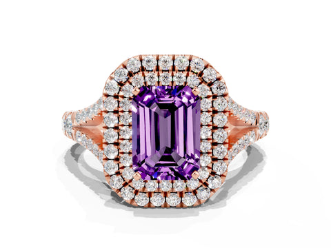 Rose gold Emerald Cut Amethyst Pavé Split Shank Double Halo Engagement Ring