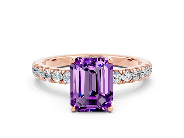 Rose gold Emerald Cut Amethyst Pave Band Solitaire Ring with Round  and Prong Setting