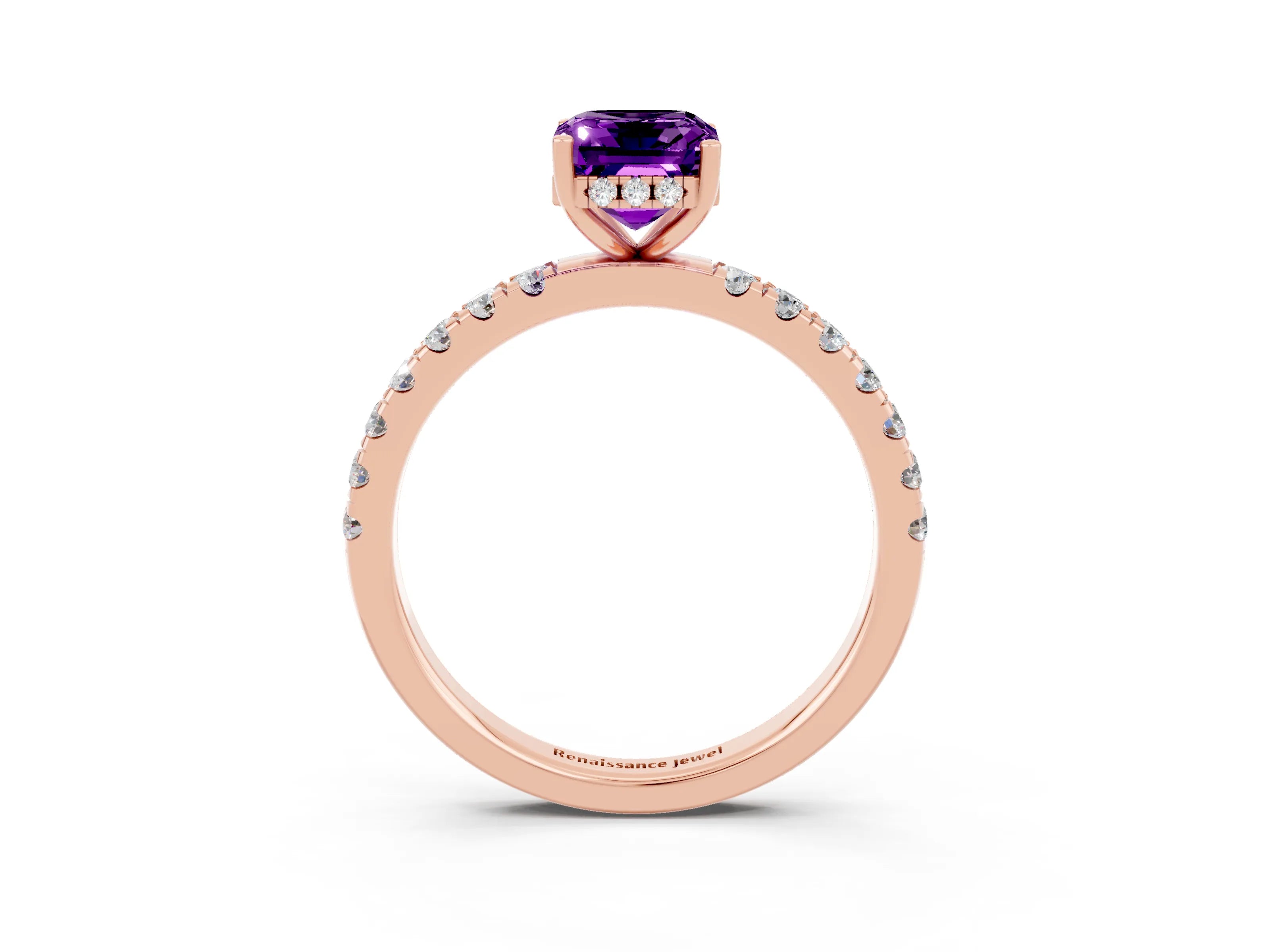 Rose gold Emerald Cut Amethyst Pave Band Solitaire Ring with Four-Prong Setting_27