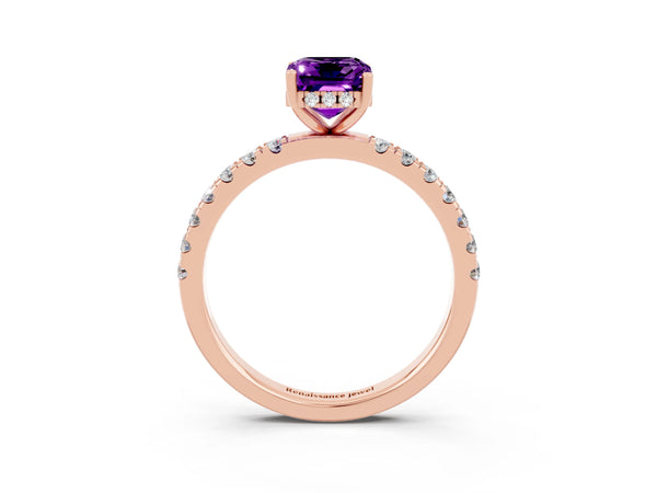 Rose gold Emerald Cut Amethyst Pave Band Solitaire Ring with Round  and Prong Setting