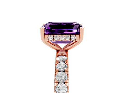Rose gold Emerald Cut Amethyst Pave Band Solitaire Ring with Four-Prong Setting_29