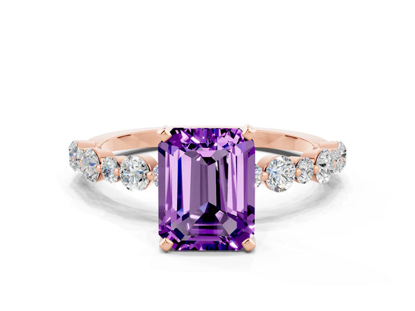 Rose gold Emerald Cut Amethyst Prong Set Engagement Ring with Pavé Band