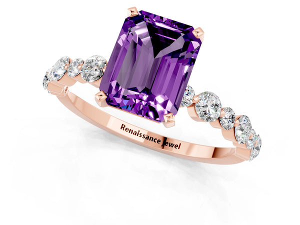 Rose gold Emerald Cut Amethyst Prong Set Engagement Ring with Pavé Band