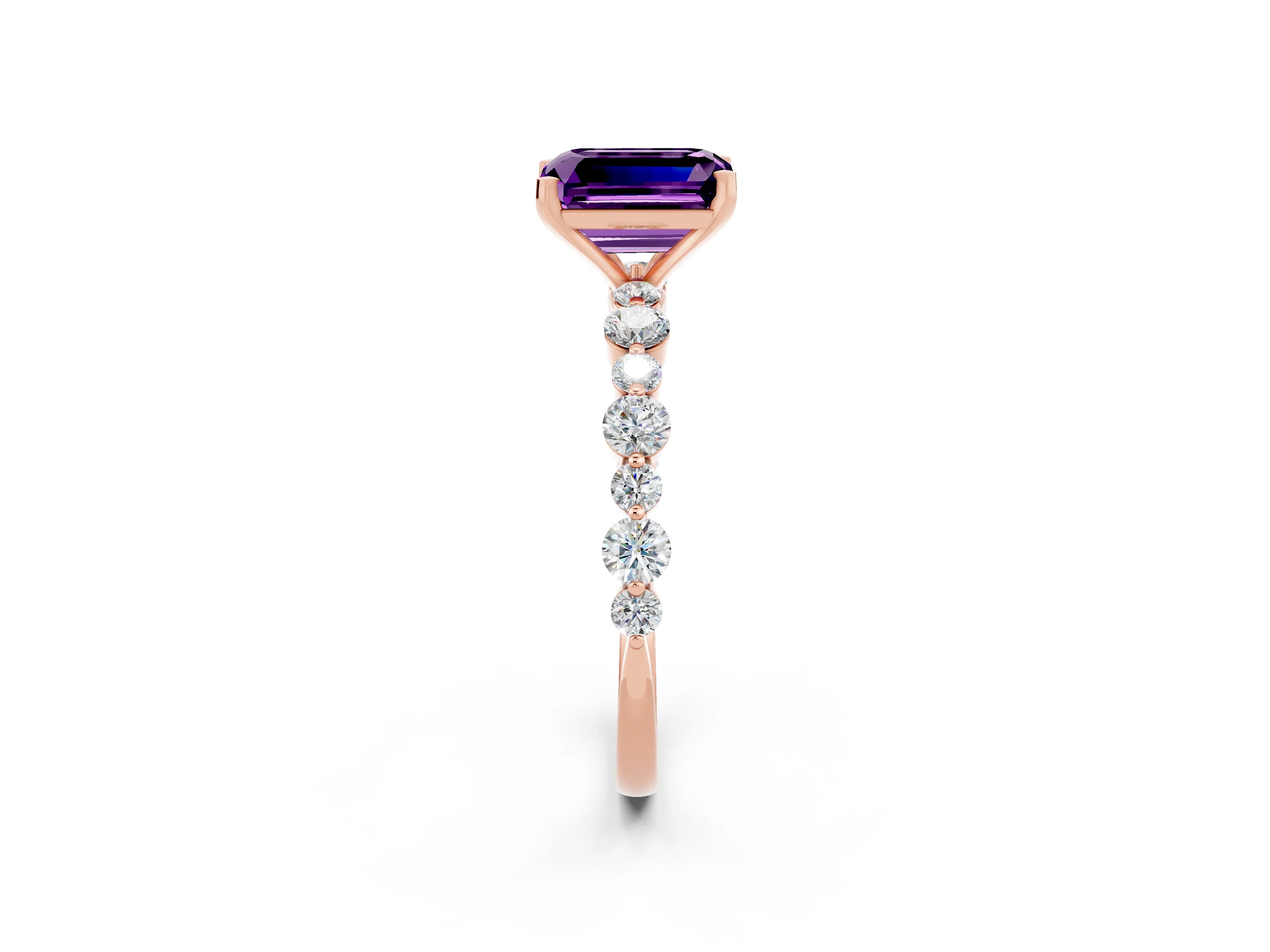 Rose gold Emerald Cut Amethyst Prong Set Engagement Ring with Pavé Band_2