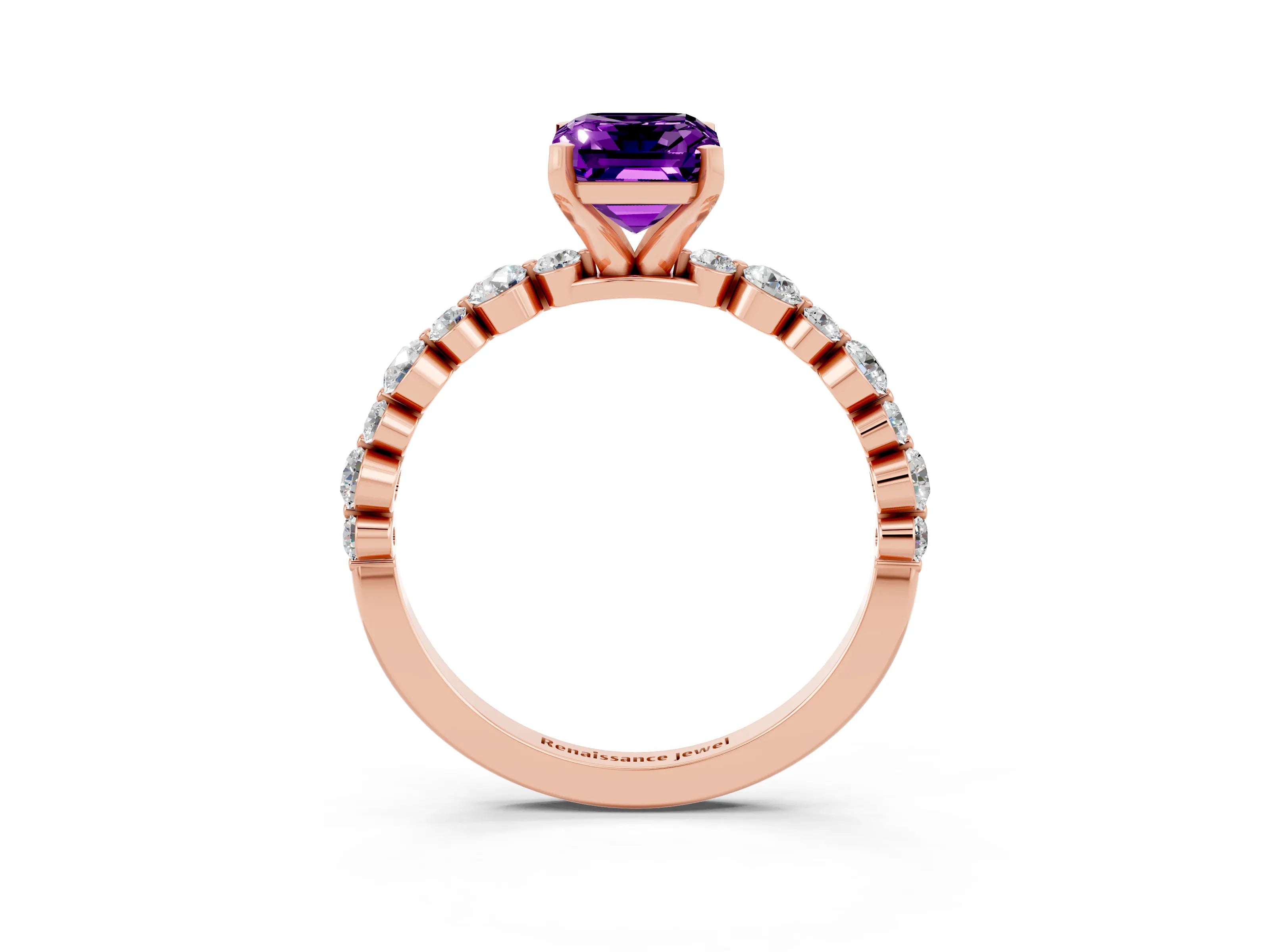 Rose gold Emerald Cut Amethyst Prong Set Engagement Ring with Pavé Band_3