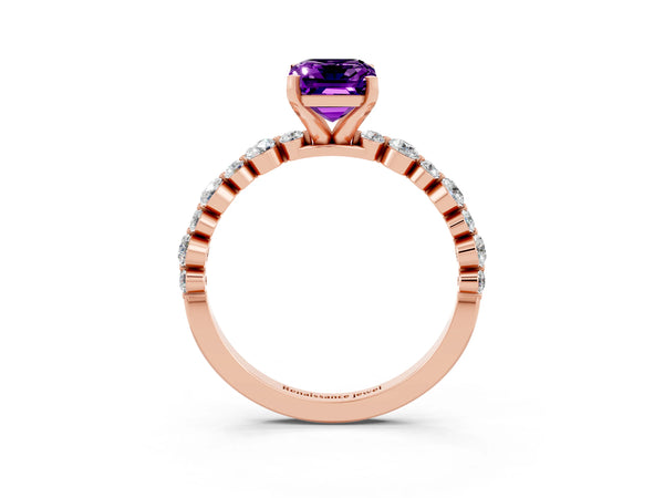 Rose gold Emerald Cut Amethyst Prong Set Engagement Ring with Pavé Band