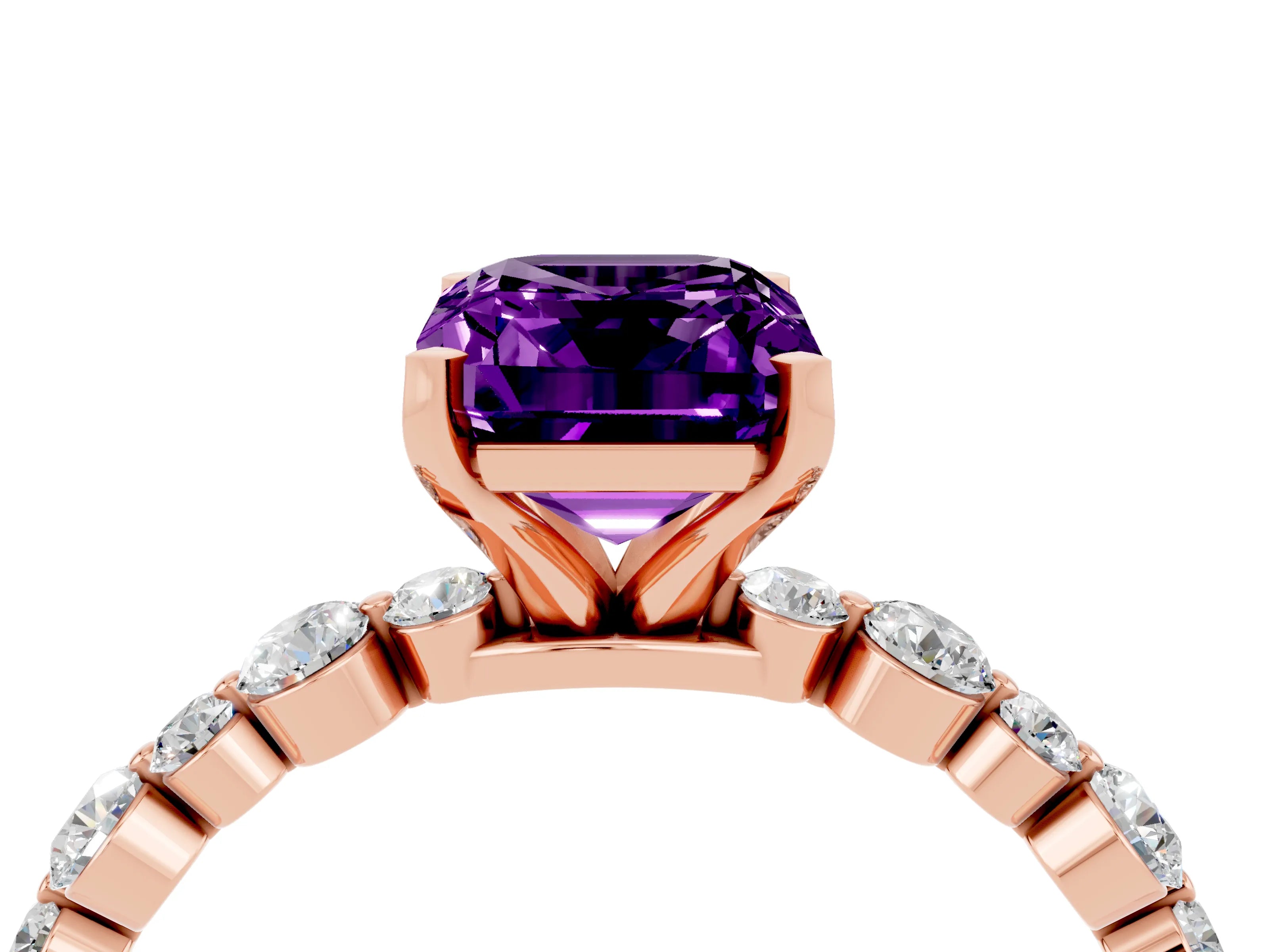 Rose gold Emerald Cut Amethyst Prong Set Engagement Ring with Pavé Band_4