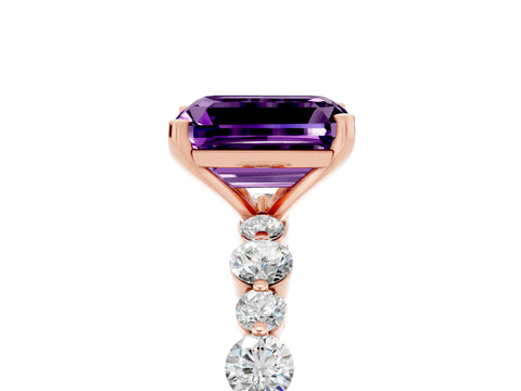 Rose gold Emerald Cut Amethyst Prong Set Engagement Ring with Pavé Band_5