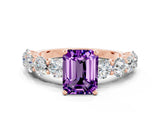 Rose gold Emerald Cut Amethyst Prong Setting with Side Stones on a Pave Band