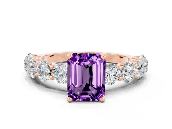 Rose gold Emerald Cut Amethyst Prong Setting with Side Stones on a Pave Band