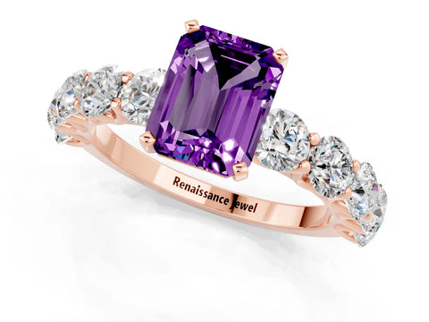 Rose gold Emerald Cut Amethyst Prong Setting with Side Stones on a Pave Band_1