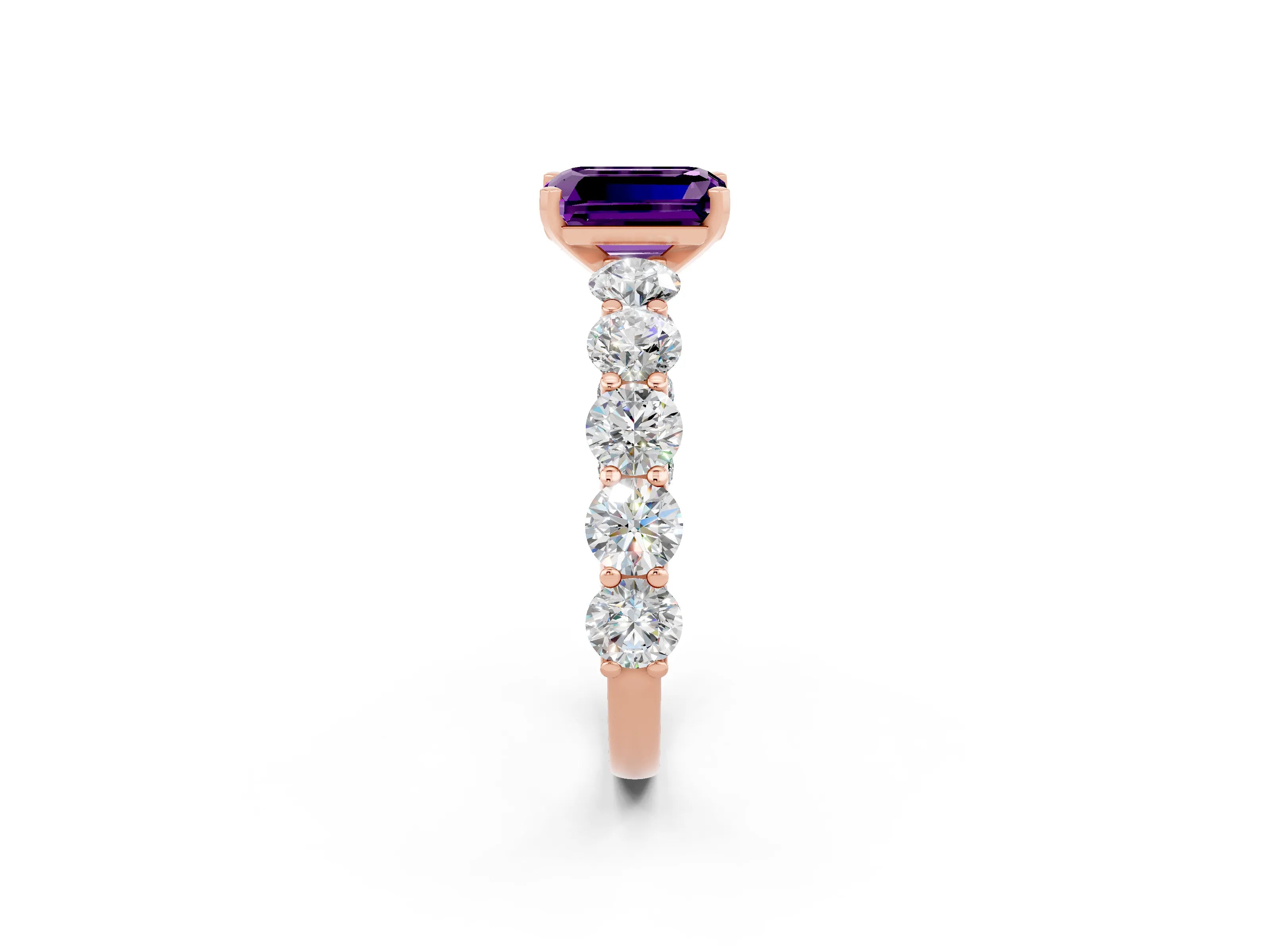 Rose gold Emerald Cut Amethyst Prong Setting with Side Stones on a Pave Band_2