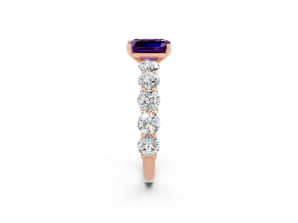 Rose gold Emerald Cut Amethyst Prong Setting with Side Stones on a Pave Band
